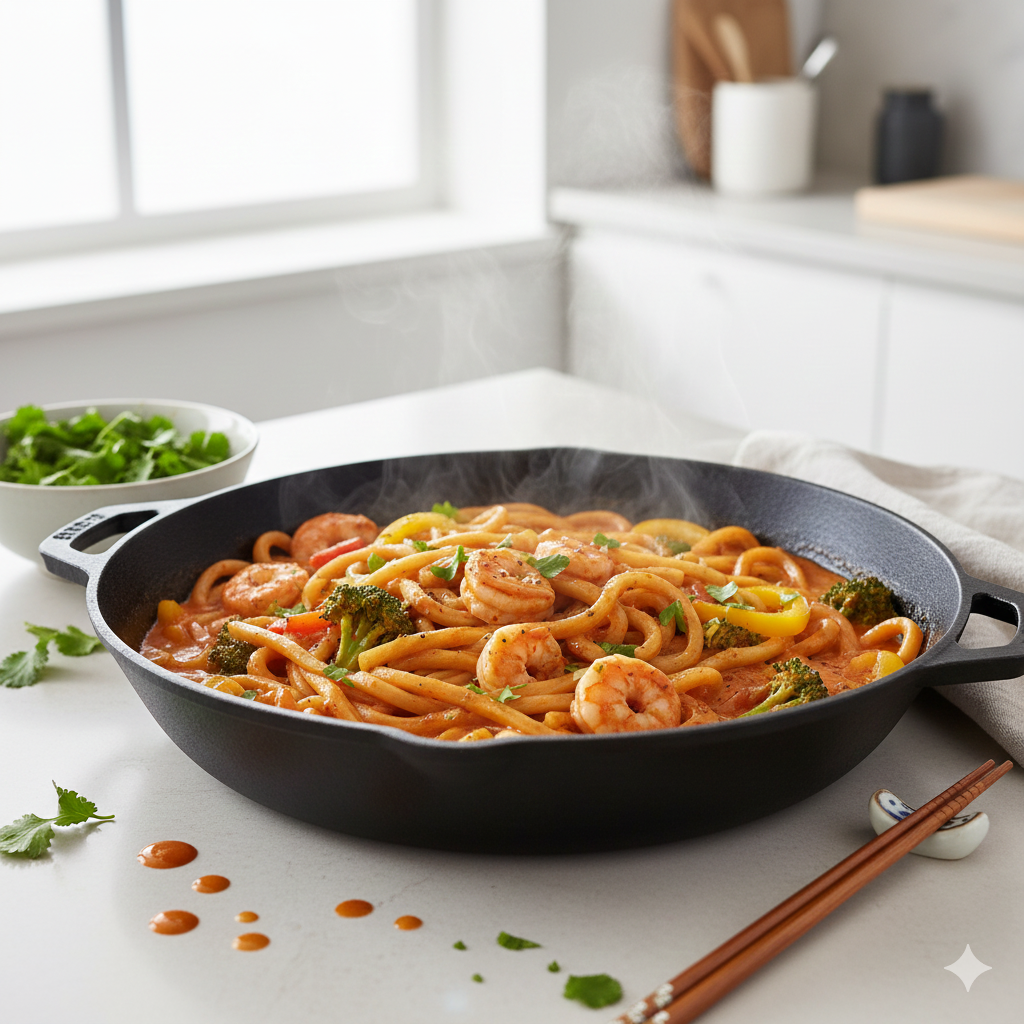 Wok de Nouilles Udon aux Crevettes et Curry Rouge
