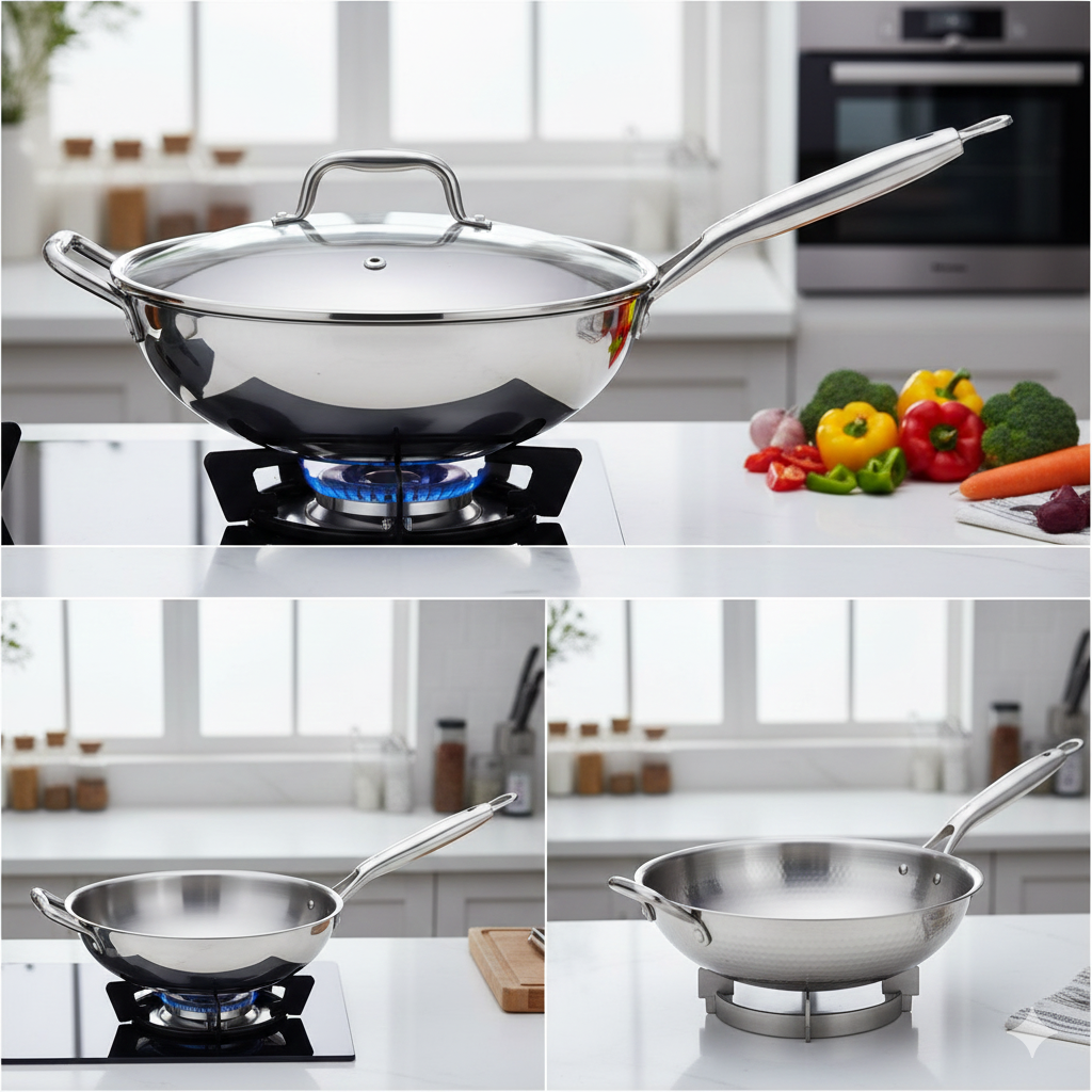Poêle Wok Inox 34cm Fond Rond pour Gaz - Maison Flambé