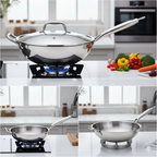 Poêle Wok Inox 34cm Fond Rond pour Gaz - Maison Flambé