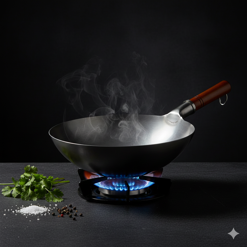 Wok Fer Martelé Main  30cm Manche Bois