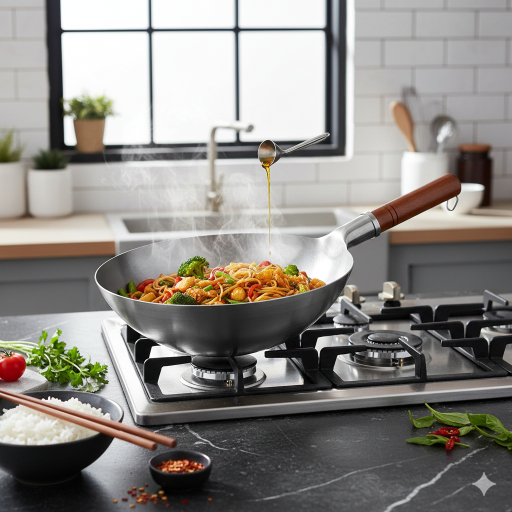 Wok Fer Martelé Main  30cm Manche Bois