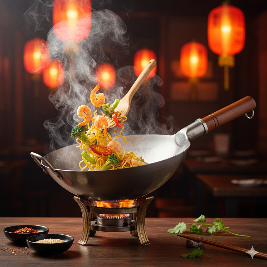 Wok Fer Martelé Main  30cm Manche Bois