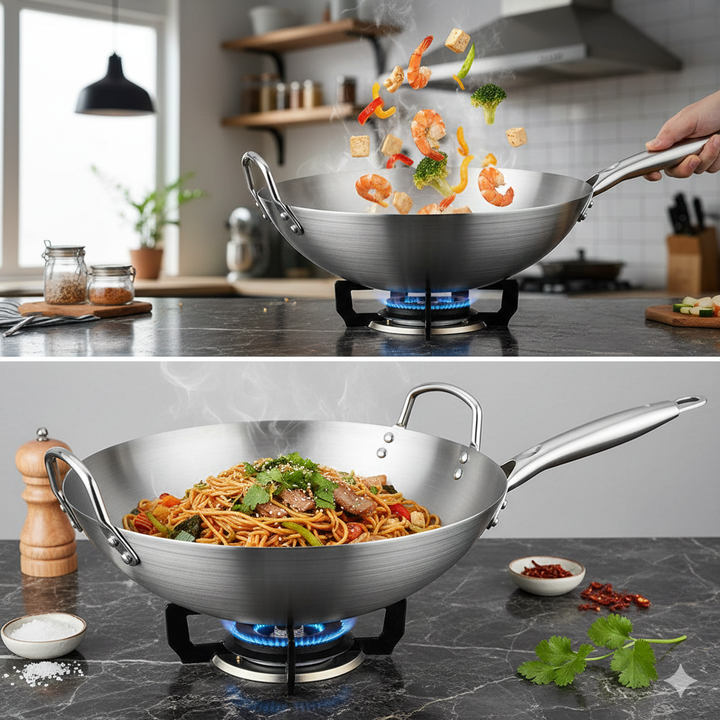 Wok Inox Double Poignée 26-34cm - Maison Flambé