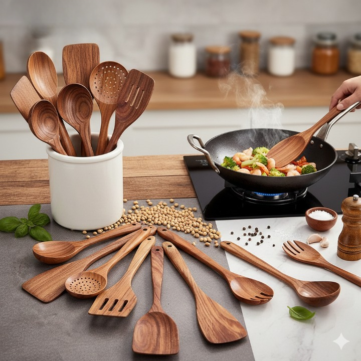 Set Ustensiles Cuisine Bois d'Acacia 9 Pièces - Maison Flambé