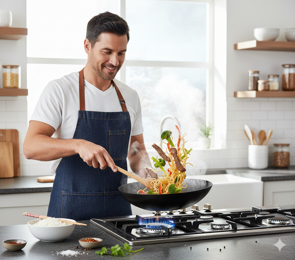 Wok en Fer 32cm Forgé Main avec Manche Bois