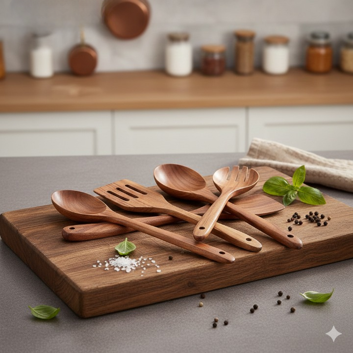 Set Ustensiles Cuisine Bois d'Acacia 9 Pièces - Maison Flambé