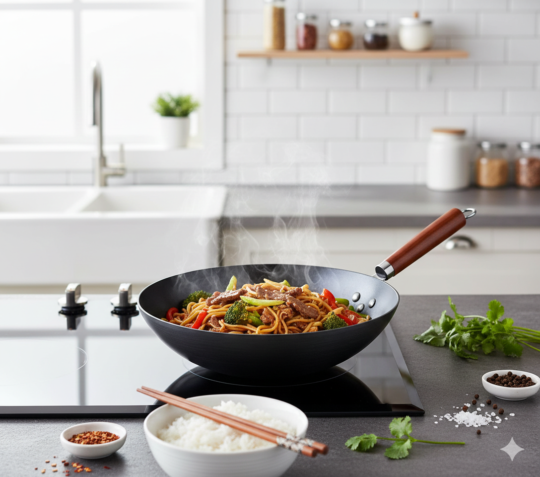 Wok en Fer 32cm Forgé Main avec Manche Bois