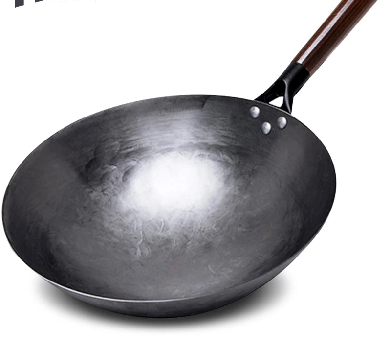 Wok fer forgé main  32cm avec manche bois, fabrication traditionnelle