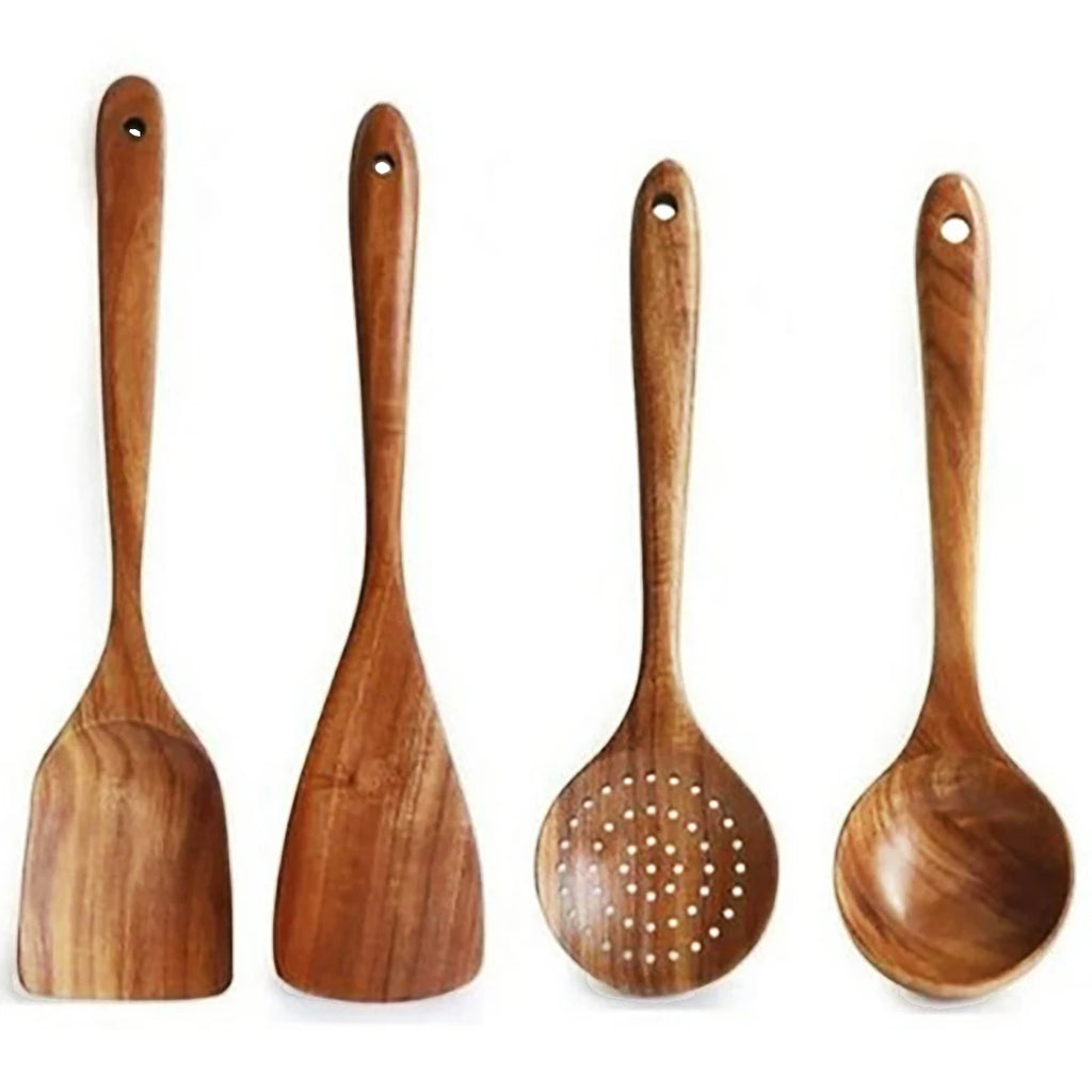 Set 4 ustensiles cuisine bois avec seau rangement, spatules cuillères fourchette