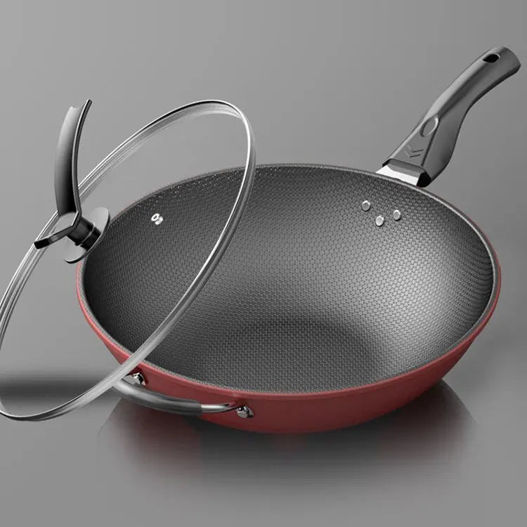 Wok antiadhésif 30cm motif nid d'abeille avec couvercle, compatible gaz induction