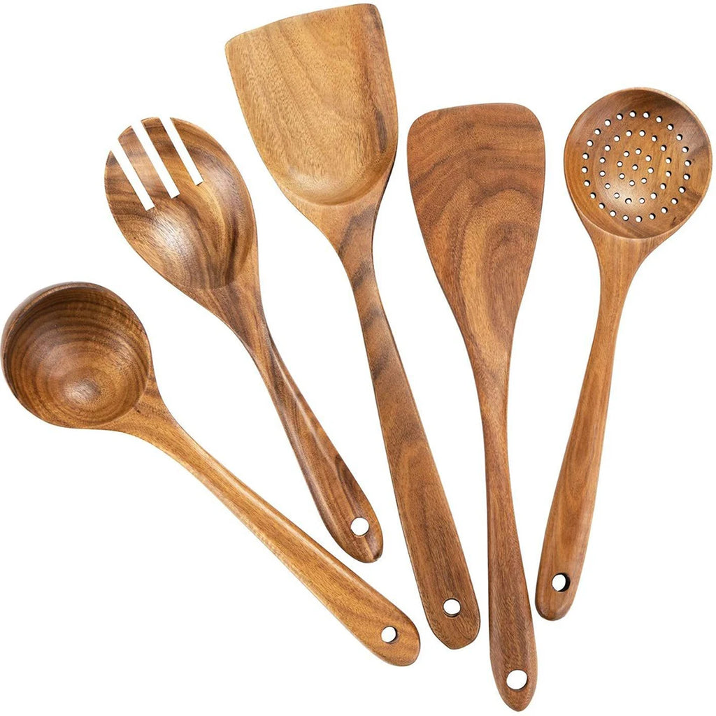 Set 5 ustensiles cuisine bois avec seau rangement, spatules cuillères fourchette