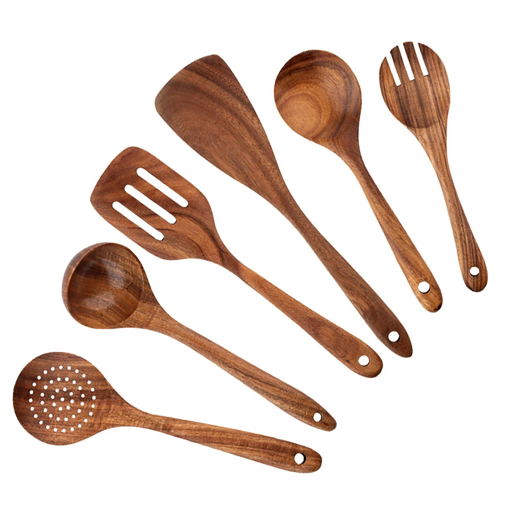 Set 6 ustensiles cuisine bois avec seau rangement, spatules cuillères fourchette