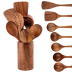 Set 8 ustensiles cuisine bois avec seau rangement, spatules cuillères fourchette