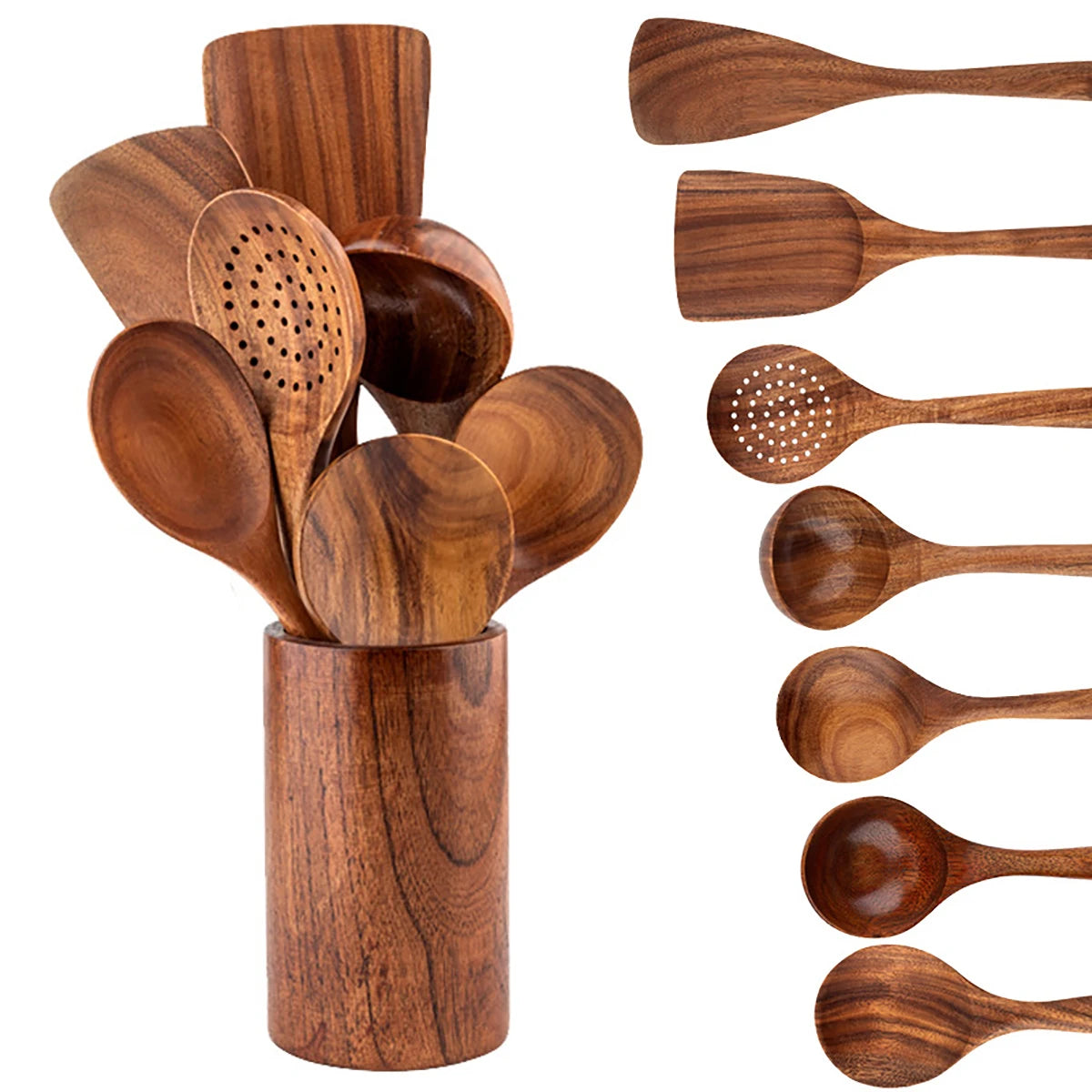 Set 8 ustensiles cuisine bois avec seau rangement, spatules cuillères fourchette