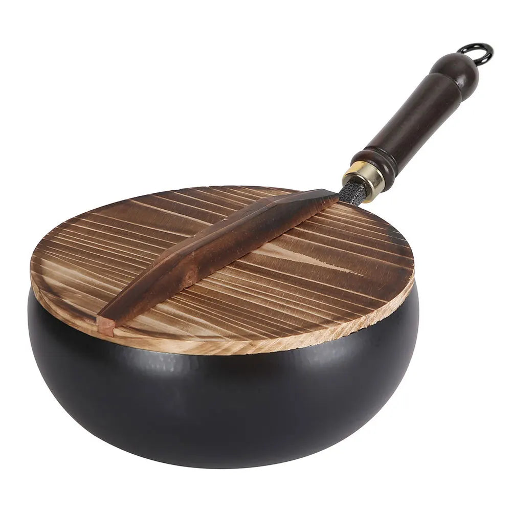 Wok fer 20cm fond plat avec manche bois et couvercle, portable intérieur extérieur