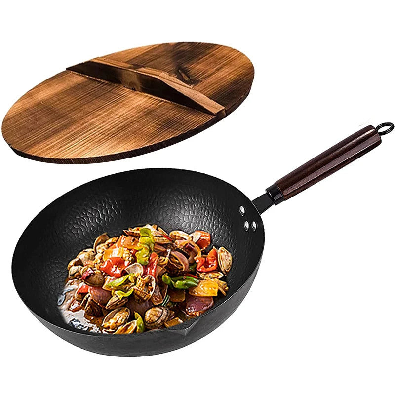 Wok acier carbone 32cm avec couvercle et fond plat, compatible toutes plaques
