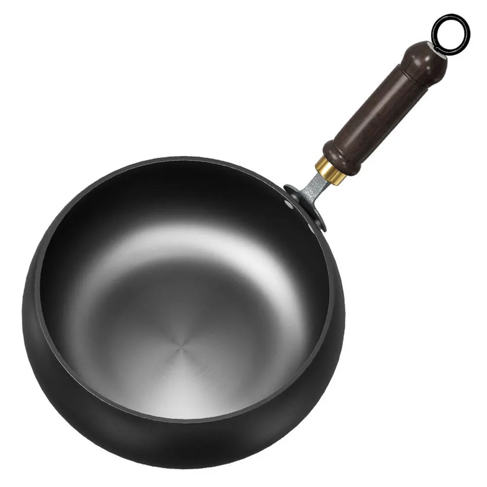 Wok fer 20cm fond plat avec manche bois et couvercle, portable intérieur extérieur