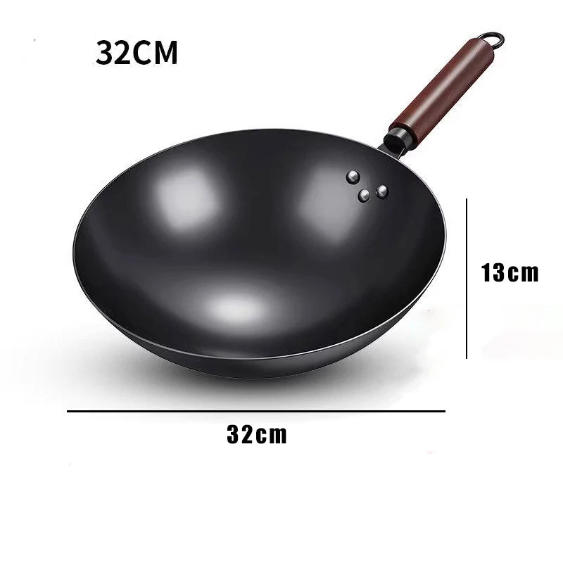 Wok en Fer 32cm Forgé Main avec Manche Bois